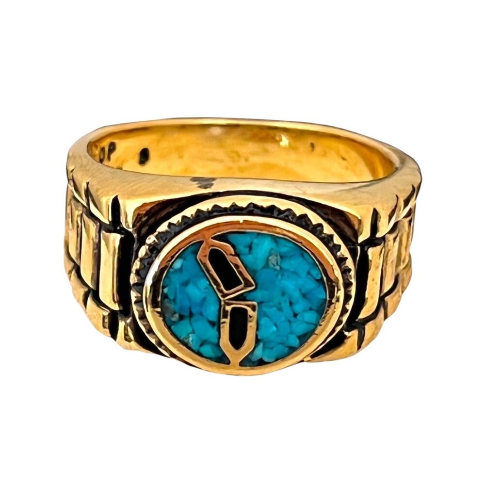Vintage 1980s Ring Size 11 Castings On Parade Turquoise Inlay Gold Plated - 14W